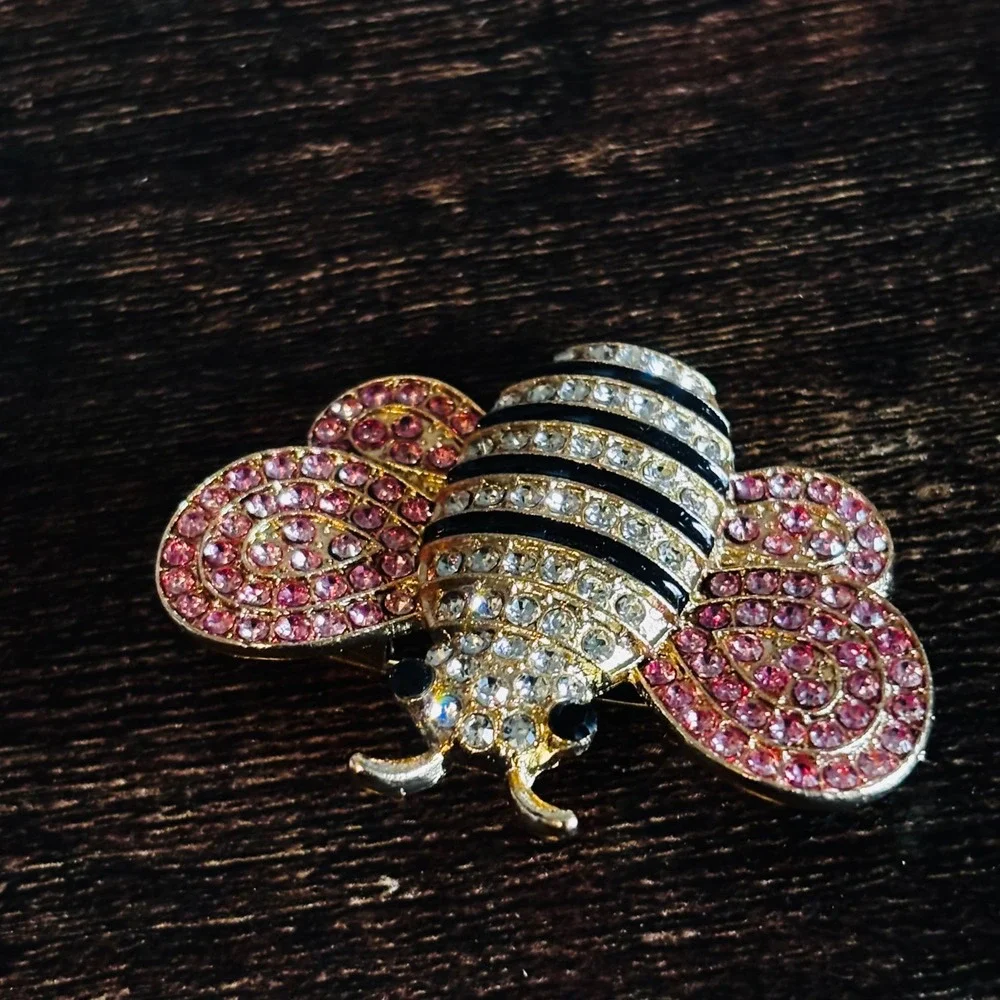 Gold Tone Pink Rhinestone Bumblebee Brooch Crystal Insect Black Enamel Stripe